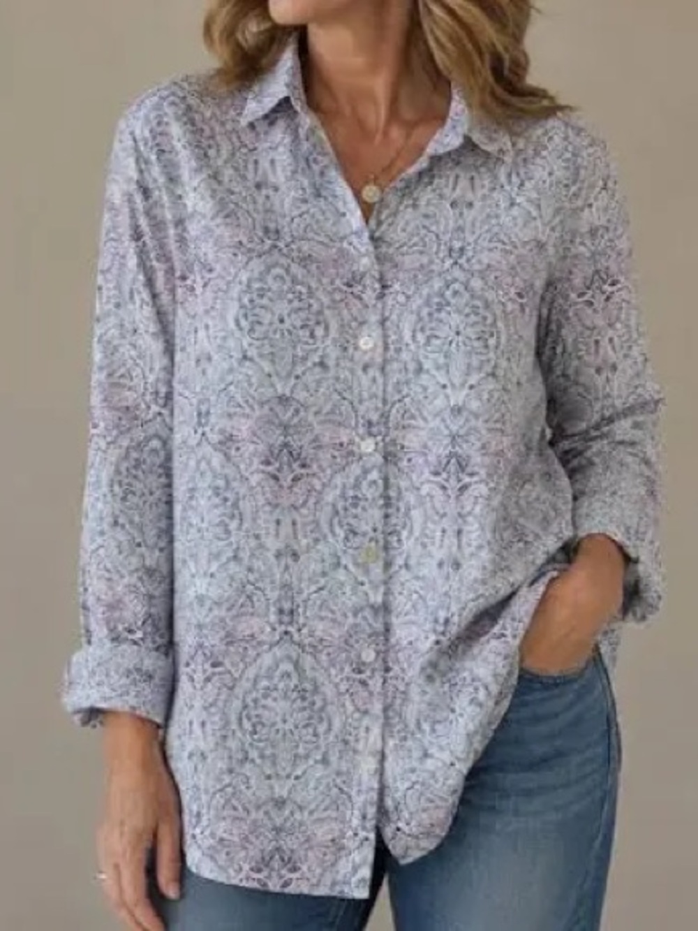 J. Jill Love Linen long-sleeve button-up shirt featuring a pastel blue & purple